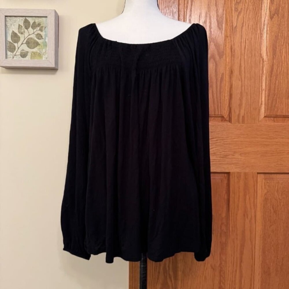 Women's Hiatus 2XL Black Smocked Long Sleeve Square Neck Blouse